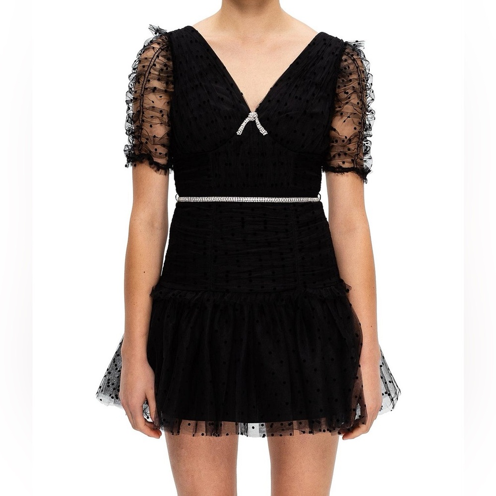 SELF-PORTRAIT Designer Black Dot Mesh Puff Sleeve Mini Dress US 4 $600